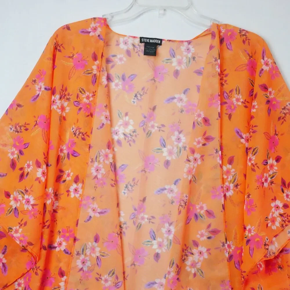 Steve Madden Womens One Size Orange Pink Ruana Coverup Open Front Kimono